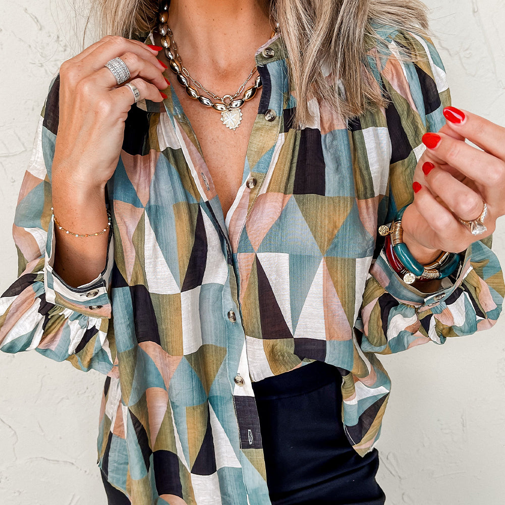 Green Geometric Print Buttoned Balloon Sleeve Loose Fit Shirt