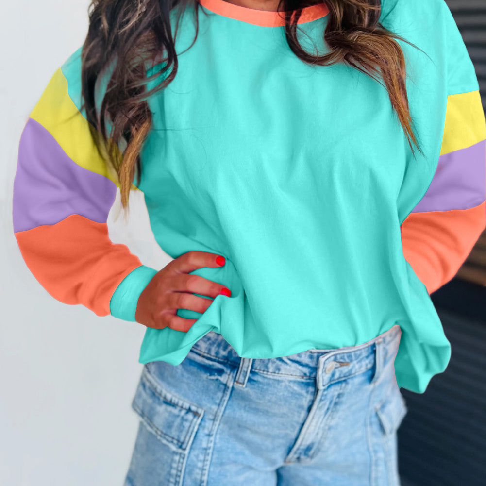 Green Colorblock Patchwork Long Sleeve Loose Top