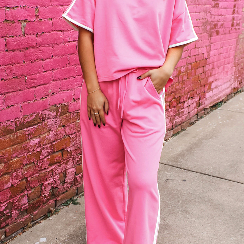 Sachet Pink Varsity Stripe Detail Casual Tee and Pants Leisure 2pcs Set