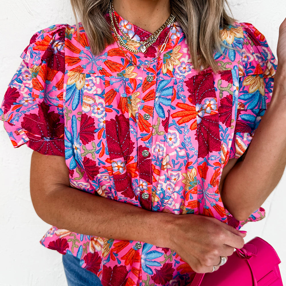 Pink Floral Print Bubble Sleeve Button Up Pleated Shirt