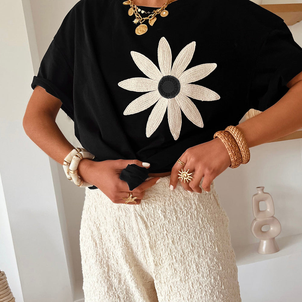 Black Contrast Crochet Floral Graphic Drop Shoulder Loose Tee