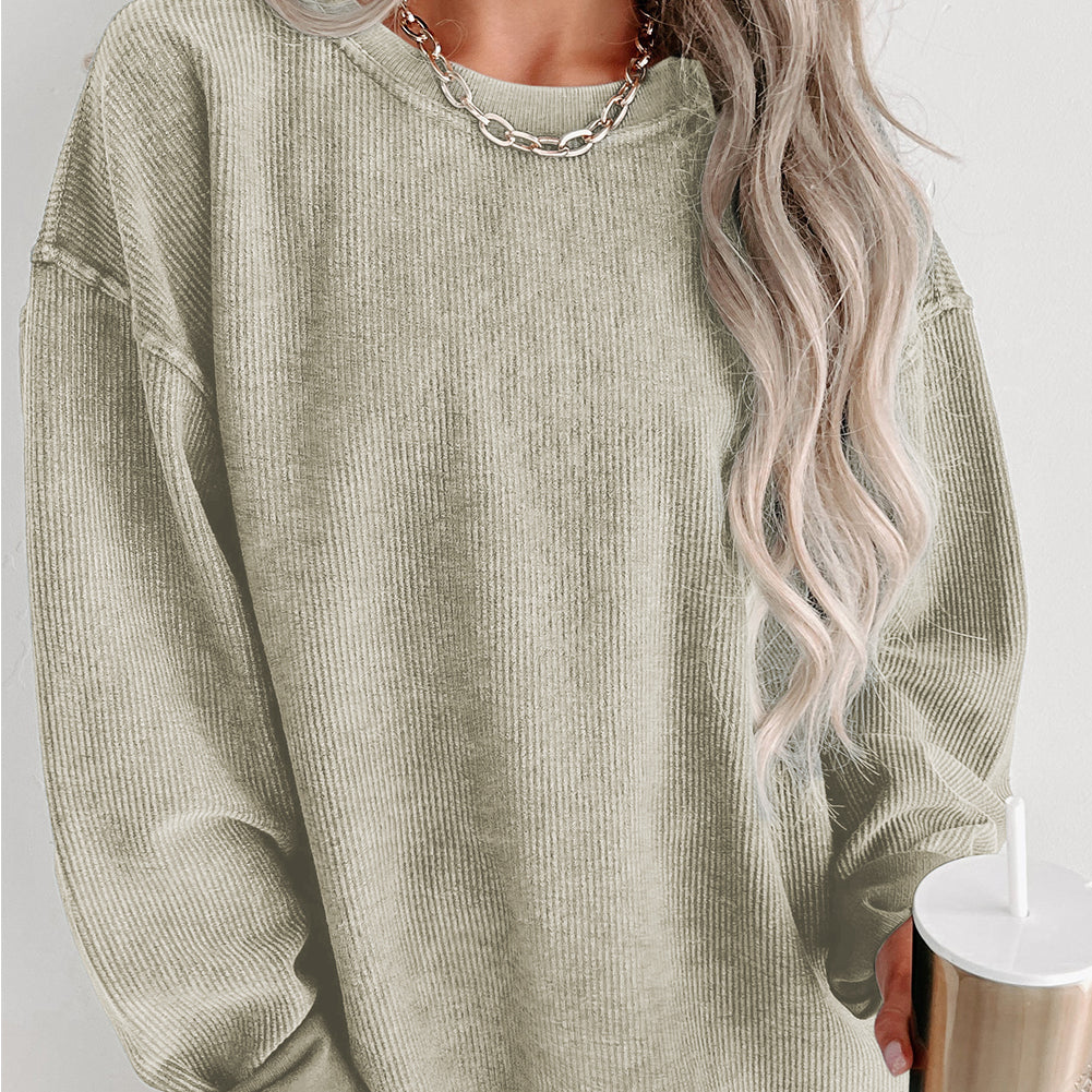 Gray Solid Ribbed Knit Round Neck Pullover Sweatshirt