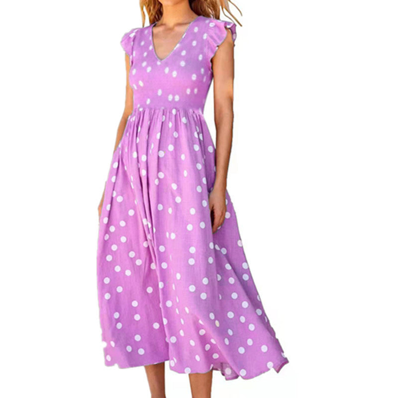 Polyester Dress All-Season A-Line Other None Polka Dot Ankle-Length None V-Neck Sleeveless Women