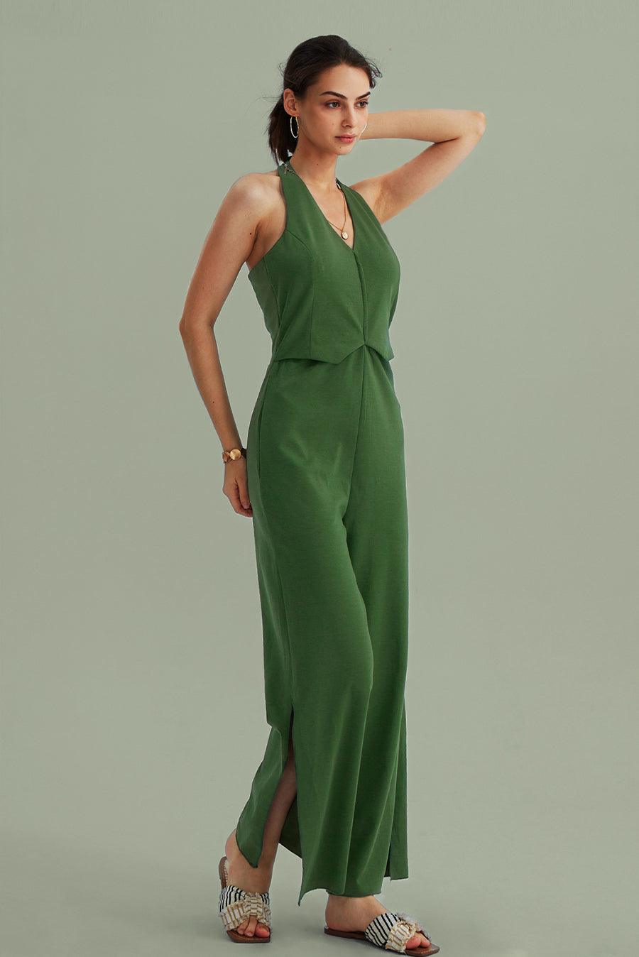 Cherfly V-Neck Halter Side-Slit Pants Jumpsuits | Elegant