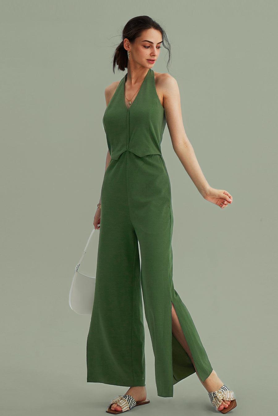 Cherfly V-Neck Halter Side-Slit Pants Jumpsuits | Elegant