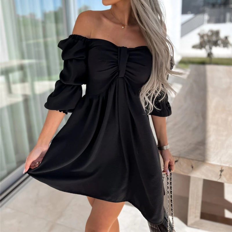 Long Sleeve Women Sexy Polyester Ball Gown Slash neck Backless Solid Summer Short None Dress