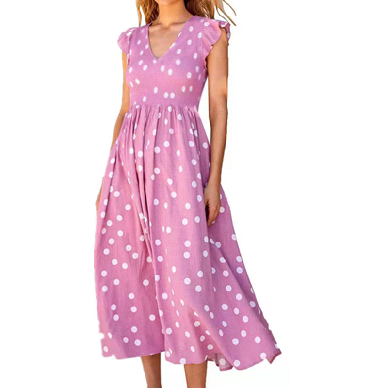 Polyester Dress All-Season A-Line Other None Polka Dot Ankle-Length None V-Neck Sleeveless Women